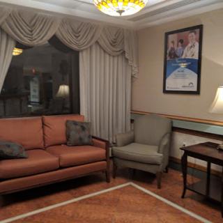 A cozy living room setup featuring a reddish-brown sofa, an armchair, a side table with a lamp, and elegant curtains.