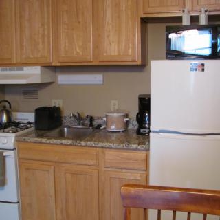A compact kitchen with wooden cabinets, a refrigerator, microwave, stove, and various small appliances on the countertop.