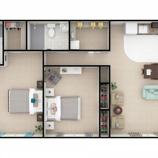 A floor plan of a two-bedroom apartment featuring a living room, kitchen, and bathroom.