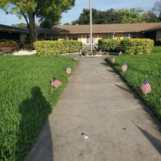 A pathway lined with small flags leads to a house, bordered by neatly trimmed grass.