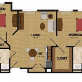 A floor plan showing the layout of an apartment with two bedrooms, a living area, kitchen, and bathrooms.