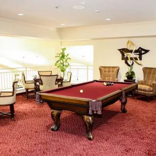A leisure room featuring a billiards table with red felt and comfortable seating.