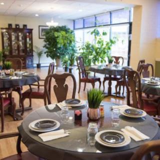 A cozy restaurant dining area with elegantly set tables and lush plants by the window.
