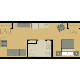 A simple floor plan layout of an apartment with designated areas for a living room, kitchen, bathroom, and bedroom.