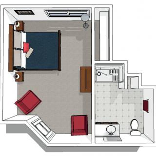 An overhead view of a one-bedroom apartment layout, featuring a sleeping area and adjacent bathroom.