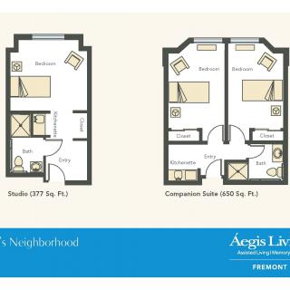 Floor plans for a studio and companion suite, featuring distinct layouts and room configurations.