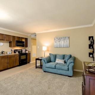 A cozy open-plan living room with an adjacent kitchen featuring a blue sofa, wooden cabinetry, and modern appliances.