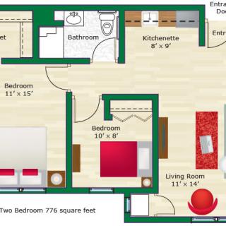 Floor plan of a two-bedroom apartment with labeled dimensions.