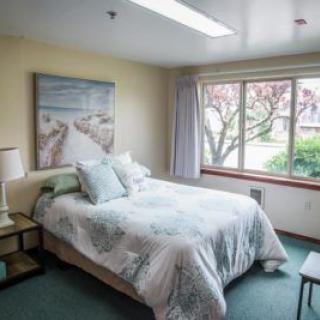 A cozy bedroom with a bed, decorative pillows, a painting on the wall, and a large window providing natural light.