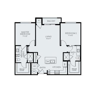 A detailed floor plan of a two-bedroom apartment with a central living area.