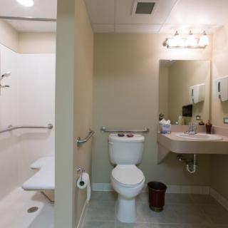 A modern bathroom with a shower, toilet, and sink area.