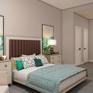 A modern bedroom with stylish decor and comfortable furnishings.