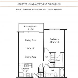Floor plan of a one-bedroom, one-bathroom apartment with a balcony/patio, kitchen, and living/dining area.
