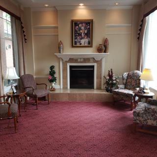 A cozy living room featuring a central fireplace, surrounded by armchairs and adorned with decorative elements.
