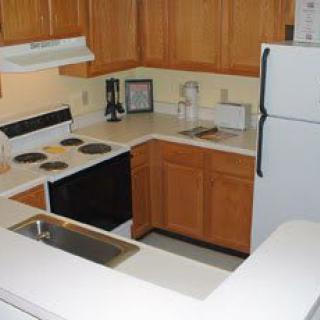 A cozy kitchen with wooden cabinets, a refrigerator, stove, and sink.