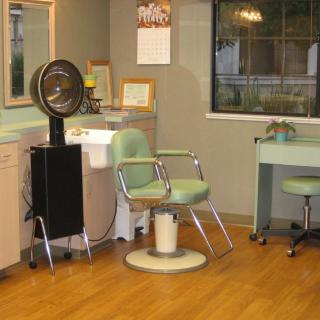 A cozy hair salon interior featuring a barber chair and hair drying equipment.