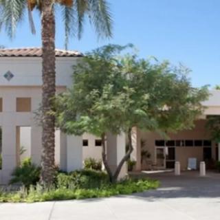 A modern building with a palm tree and landscaped entrance under a clear blue sky.