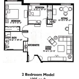 Floor plan of a two-bedroom apartment with a living room, kitchen, and bathroom.