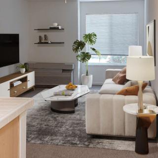 A modern living room with a cozy sofa, coffee table, and a TV stand.