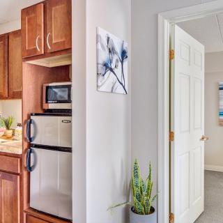 A cozy kitchen area with wooden cabinets, a microwave, and a small refrigerator, decorated with a plant and artwork.
