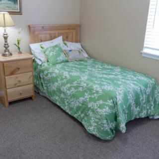 A cozy bedroom featuring a single bed with green floral bedding, a wooden nightstand with a lamp, and natural light coming in from the window.
