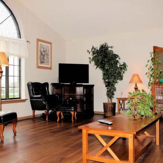 A cozy living room with wooden furniture, indoor plants, and a television.