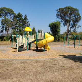 A colorful playground featuring a yellow slide and various play structures, set in an open outdoor space.