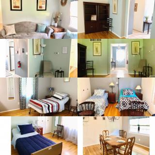 A cozy home interior featuring a living room, bedrooms, and a dining area.
