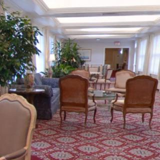 A cozy and elegant lobby seating area with chairs, sofas, and decorative plants.