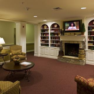 A cozy living room featuring a fireplace, bookshelves, and a television.