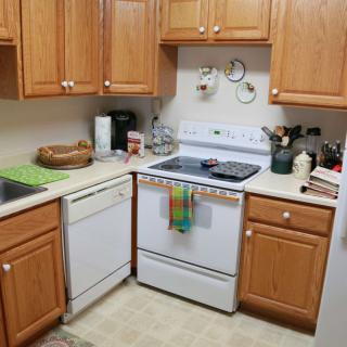 A cozy kitchen corner with wooden cabinets, a stove, and a dishwasher.