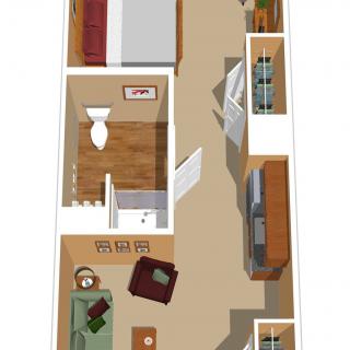 This image shows a detailed floor plan of a one-bedroom apartment, including living space, kitchen, bedroom, and bathroom.