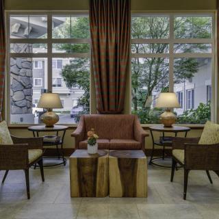 A cozy living room setting with a central armchair, flanked by side tables and lamps, in front of large windows.