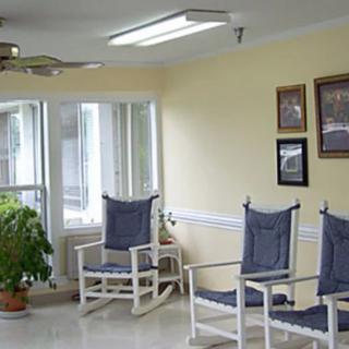 A waiting area with blue cushioned chairs and a potted plant by the window.