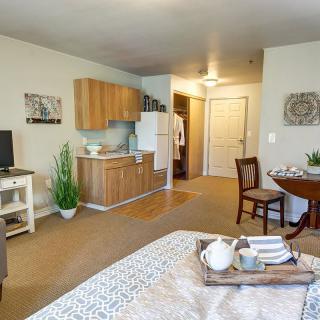 A cozy studio apartment featuring a compact kitchenette, dining area, and comfortable living space.