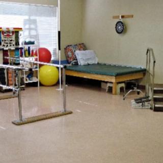 A rehabilitation room equipped with parallel bars, a therapy bed, and exercise balls for physical therapy exercises.