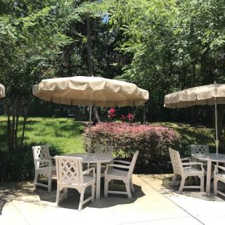 A sunny outdoor patio area with tables, chairs, and umbrellas surrounded by greenery.