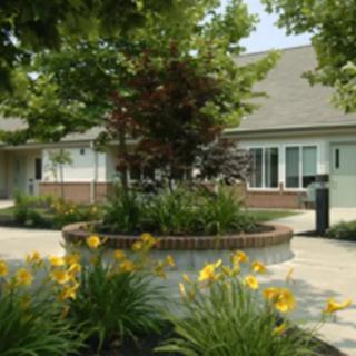 A landscaped garden with vibrant flowers and shrubs in front of a residential building.