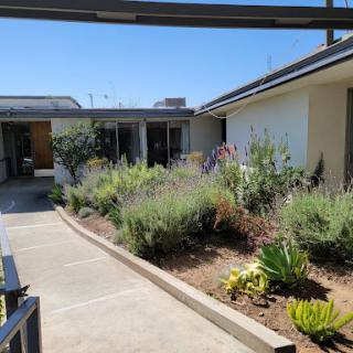 A serene outdoor space featuring a well-maintained garden and pathway leading to a residential building.