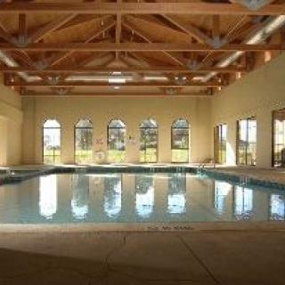 A serene indoor swimming pool with large windows and exposed wooden ceiling beams.