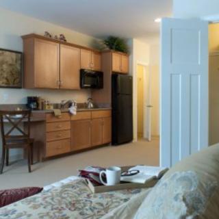 A modern kitchen integrated into a cozy living space, featuring wooden cabinets and essential appliances.