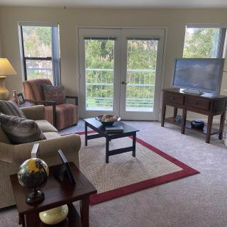 A cozy living room with comfortable seating, a coffee table, and a television near large windows and a balcony door.
