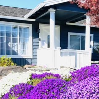A charming house with a beautifully landscaped garden featuring vibrant purple flowers.