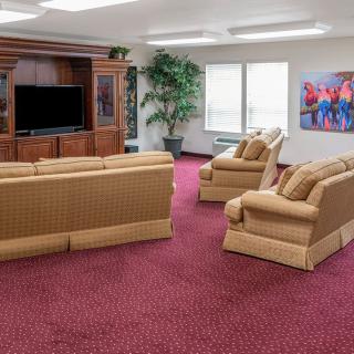 A comfortable living room with beige sofas and armchairs facing a large television, surrounded by an entertainment center. The room is carpeted in red and features a large indoor plant and wall artwork.