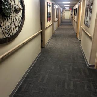 A long, well-lit hallway featuring art on the walls and a patterned carpet.
