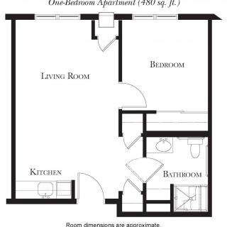 A floor plan of a one-bedroom apartment showing the layout of a living room, kitchen, bedroom, and bathroom.