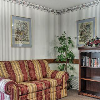 A cozy living room corner featuring a striped sofa, wallpapered walls with framed artwork, an indoor plant, and a bookshelf.