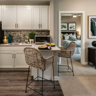 A modern kitchen with counter seating and open access to a cozy living space.