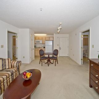 A cozy apartment interior featuring a living room with a sofa and coffee table, adjacent to a dining area and kitchen.