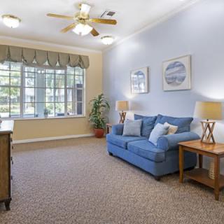 A cozy living room with a blue sofa, carpeted floor, and large window allowing natural light.
